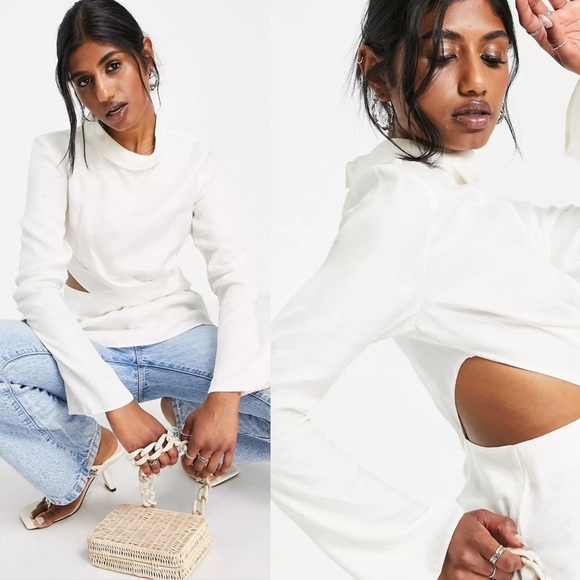 NEW‎ TopShop Premium Long Sleeve Draped Cut Out Top Ivory White Size 6 Lyocell - Picture 2 of 13